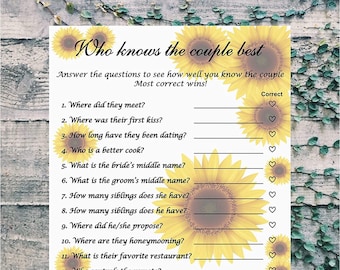Sunflower Theme Wedding Games Who knows the couple best  (Set of 50 ) (5x7 Cards )   Bridal Shower Rehearsals Dinner Party