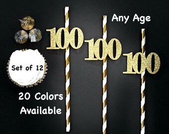 100th Birthday Party Straws with Number Any Age (SET OF 12) 100th Birthday Decoration Party Anniversary Tableware Decor Party Favor Supplies