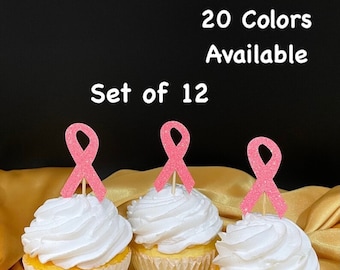Set of 12 Cancer Awareness Glitter Ribbons Cupcake Toppers (20 Colors Available)