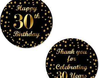 30th Birthday Round 2 Inch Big Glossy Stickers Thank You Stickers  30 Years Black and Gold Labels Party Favors Decorations Tags Gift Bags