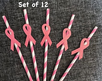 Set of 12 Breast Cancer Awareness Straws Pink Glitter Ribbons with Pink Swirls Straws