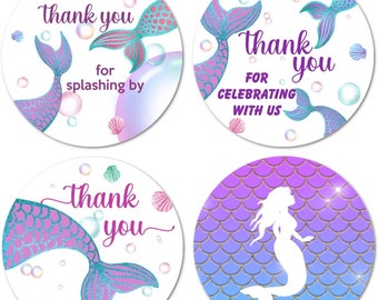 40pc Mermaid Birthday Thank You Stickers 2 Inch Big Round Glossy Labels Theme for Baby Shower, Birthday Great for Party Favors Games & Gifts