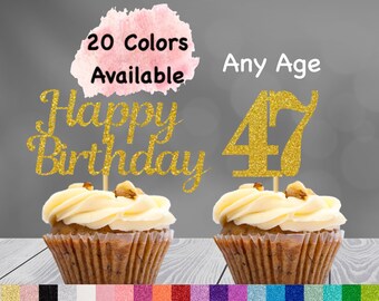 47th Birthday Cupcake Toppers | Number 47 Party Picks | 47th Party Supplies | Age 47 Toppers Party Decor Glitter Happy Birthday Decorations