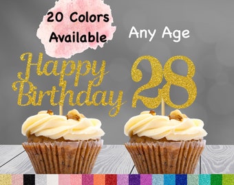 28th Birthday Cupcake Toppers | Number 28 Party Picks | 28th Party Supplies | Age 28 Toppers Party Decor Glitter Happy Birthday Decorations