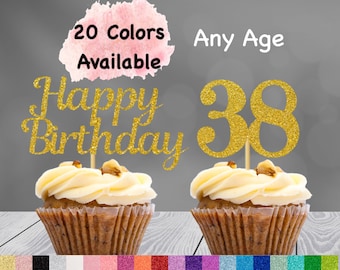 38th Birthday Cupcake Toppers | Number 38 Party Picks | 38th Party Supplies | Age 38 Toppers Party Decor Glitter Happy Birthday Decorations