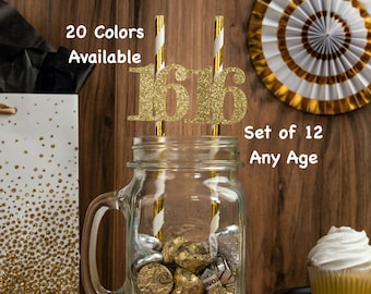16th Birthday Straws with Number Any Age (SET OF 12) 16th Birthday Decorations Party Anniversary Tableware Decor Party Supplies Sixteen
