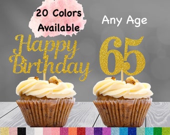 65th Birthday Cupcake Toppers | Number 65 Party Picks | 65th Party Supplies | Age 65 Toppers Party Decor Glitter Happy Birthday Decorations
