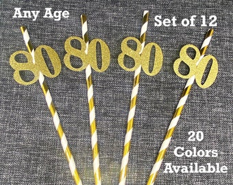 80th Birthday Party Straws with Number (SET OF 12) Adult Birthday Party Decorations  (Number available in 20 Colors