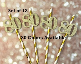 Any Age 80th Birthday Party Straws with Number (SET OF 12) Adult Birthday Party Decorations  Tableware Decor (Number available in 20 Colors)