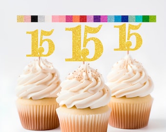 15th Birthday Cupcake Toppers | Glitter Number 15 Decorations | 15th Party Decor | Age 15 Milestone | Party Favors Birthday Party Supplies