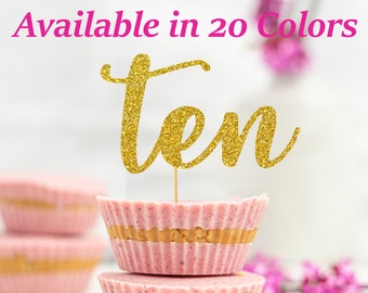 Number Ten Age 10 Cupcake Topper  10th Birthday Cupcake toppers Glitter Party Decorations 10th Birthday Party Favors (choose from 20 colors)