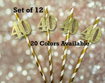 Any Age 40th Birthday Party Straws with Number (SET OF 12) Adult Birthday Party Decorations  Tableware Decor (Number available in 20 Colors)