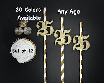 25th  Birthday Straws with Number Any Age (SET OF 12) 25th Birthday Decoration Party Anniversary Tableware Decor Party Favors Supplies