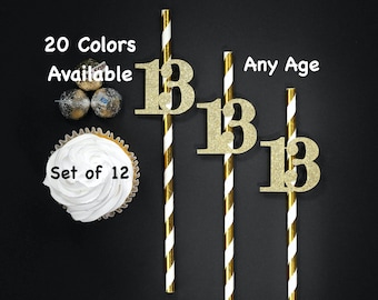 13th Birthday Straws with Number Any Age (SET OF 12) 13th Birthday Decorations Party Anniversary Tableware Decor Party Supplies Thirteen
