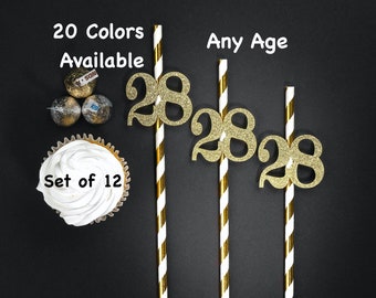 28th  Birthday Straws with Number Any Age (SET OF 12) 28th Birthday Decoration Party Anniversary Tableware Decor Party Favors Supplies