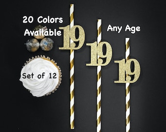 19th Birthday Straws with Number Any Age (SET OF 12) 19th Birthday Decoration Party Anniversary Tableware Decor Party Supplies nineteen
