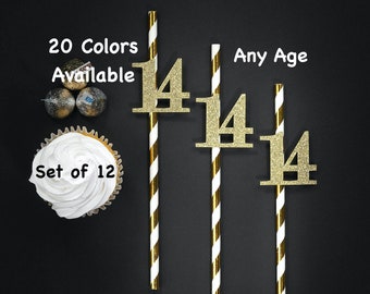 14th Birthday Straws with Number Any Age (SET OF 12) 14th Birthday Decorations Party Anniversary Tableware Decor Party Supplies fourteen