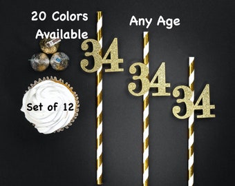 34th Birthday Straws with Number Any Age (SET OF 12) 34th Birthday Decorations Party Anniversary Tableware Decor Party Favors Supplies