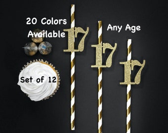 17th Birthday Straws with Number Any Age (SET OF 12) 17th Birthday Decoration Party Anniversary Tableware Decor Party Supplies Seventeen