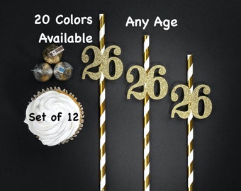 26th  Birthday Straws with Number Any Age (SET OF 12) 26th Birthday Decoration Party Anniversary Tableware Decor Party Favors Supplies