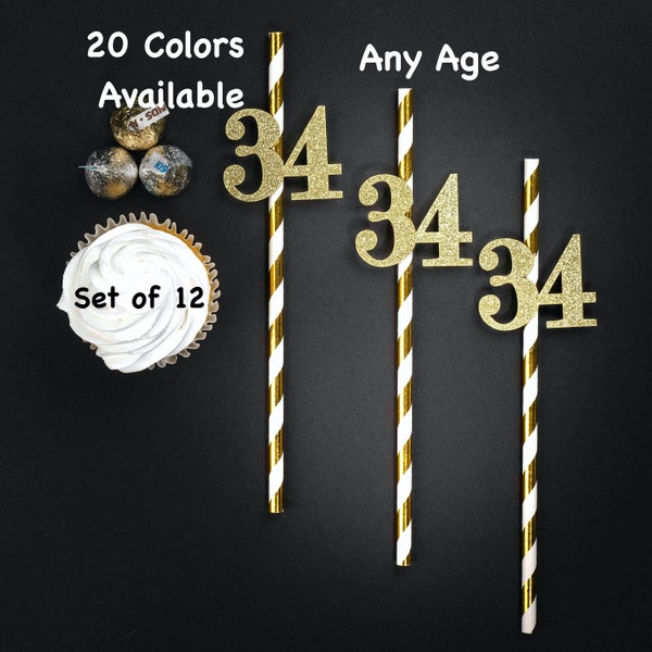 34th Birthday Straws with Number Any Age (SET OF 12) 34th Birthday Decorations Party Anniversary Tableware Decor Party Favors Supplies