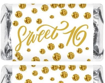 16th Birthday Miniatures Candy Bar Wrapper (Set of 60) Sweet 16 Mini Candy Bar Stickers, Sweet Sixteen Party Favors (Candy Not Included)