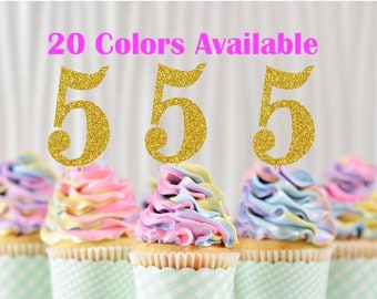 ANY NUMBER 5th Birthday Cupcake toppers  ( 2 inches tall) Glitter Party Decorations 5th Birthday Decor ...........( choose from 17 colors )