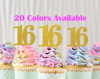 16th Birthday Cupcake Toppers | Glitter Number 16 Decorations | 16th Party Decor | Age 16 Milestone | Party Favors Birthday Party Supplies
