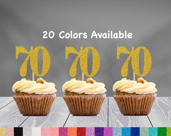 70th Birthday Cupcake Toppers | Glitter Number 70 Decorations | 70th Party Decor | Age 70 Milestone | Party Favors Birthday Party Supplies