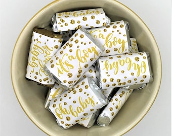 60 Gold Oh Baby  Its a Boy Gold Baby Shower Miniatures Candy Bar Wrapper, Baby Shower Miniatures Candy Bar Stickers (CANDY NOT INCLUDED)