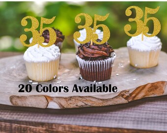 35th Birthday Cupcake Toppers | Glitter Number 35 Decorations | 35th Party Decor | Age 35 Milestone | Party Favors Birthday Party Supplies