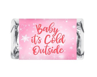 60 Pink Baby Its Cold Outside Baby Shower Miniatures Candy Bar Wrapper Snowflakes Its a Girl Baby Shower Miniatures Candy Bar Stickers, Pink
