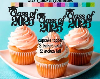 Class of 2025 Cupcake Toppers  (SET of 12) Graduation Cupcake Toppers Glitter Class Reunion All Years Available (20 Colors Available)