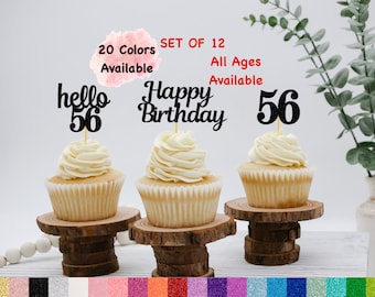 56th Birthday Cupcake Toppers | Hello 56 Theme | Number 56 | Happy Birthday Sign | Glitter Birthday Decorations | Age Toppers Party Decor