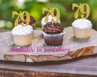 79th Birthday Cupcake Toppers | Glitter Number 79 Decorations | 79th Party Decor | Age 79 Milestone | Party Favors Birthday Party Supplies