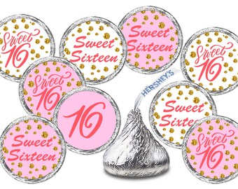 Sweet 16 Kisses Stickers, (Set of 216) Pink 16th Birthday Labels Stickers   Kisses Party Favors  (Candy NOT INCLUDED) Sweet Sixteen