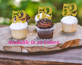 52nd Birthday Cupcake Toppers | Glitter Number 52 Decorations | 52nd Party Decor | Age 52 Milestone | Party Favors Birthday Party Supplies