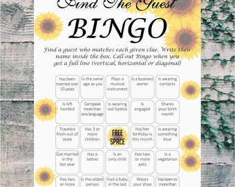Sunflower Theme Wedding Games Find The Guest Bingo Game  (Set of 50 ) (5x7 Cards )   Bridal Shower Rehearsals Dinner Party