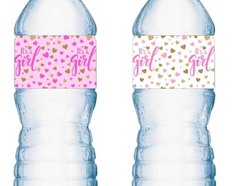 20 Its a girl  pink gold hearts Theme Baby Shower Water Bottle Labels Waterproof Water Bottle Stickers Water Bottle Labels waterproof glossy