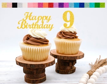 9th Birthday Cupcake Toppers | Number 9 Party Picks | 9th Party Supplies | Age 9 Toppers Party Decor Glitter Happy Birthday Decorations