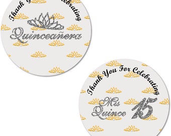 SET OF 40 Quinceanera Stickers 2 Inch Big Round Glossy Labels (Silver)