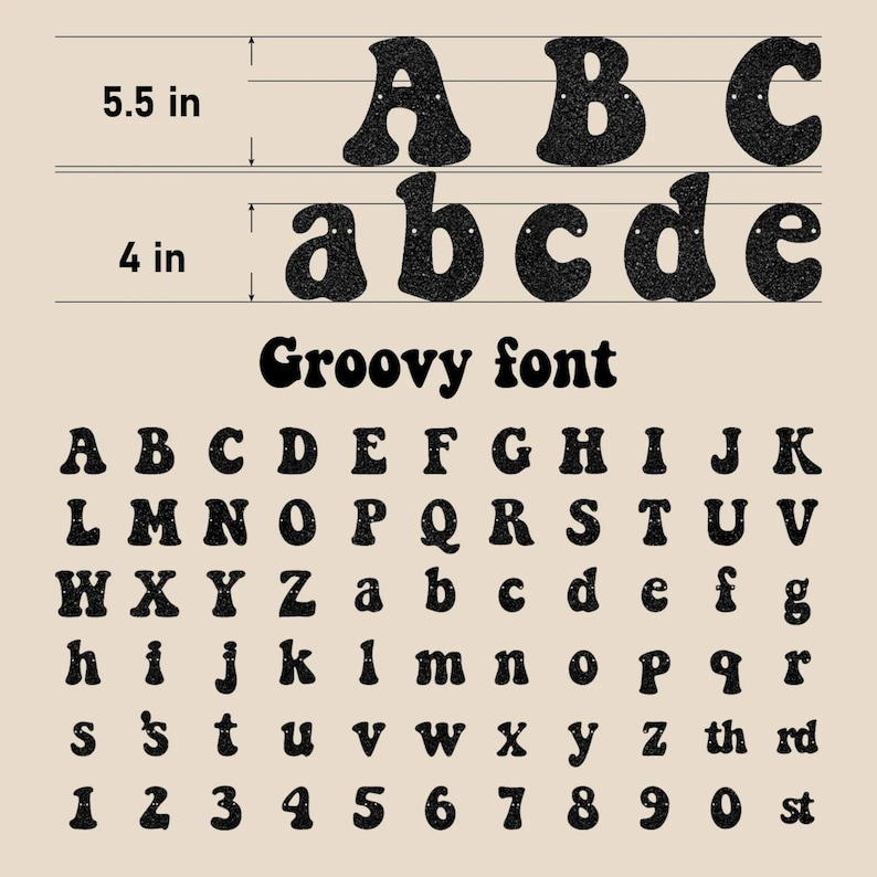 May include: A set of black glittery letters and numbers in a groovy font. Uppercase letters measure 5.5 inches in height, while lowercase letters measure 4 inches. The display includes the full alphabet, numbers 0 through 9, and the suffixes th, rd, and st.