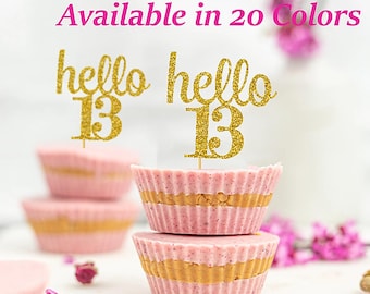 hello 13 Cupcake Toppers | 13th Birthday Cupcake Toppers | Number 13 Age Glitter Party Decor | Age 13 Birthday Decorations | Party Favors