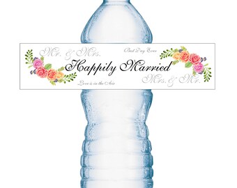 20 Wedding Water Bottle Labels; Floral theme wedding  100% Water proof Water Bottle Wrappers