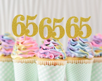 65th Birthday Cupcake Toppers | Glitter Number 65 Decorations | 65th Party Decor | Age 65 Milestone | Party Favors Birthday Party Supplies