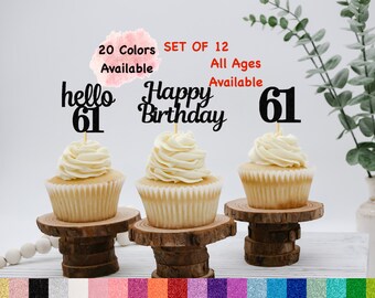 61st Birthday Cupcake Toppers | Hello 61 Theme | Number 61 | Happy Birthday Sign | Glitter Birthday Decorations | Age Toppers Party Decor