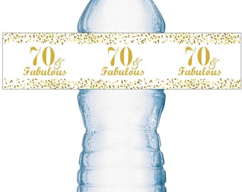 70 and Fabulous | 70th Birthday Water Bottle Labels | (SET of 25) | Glossy Waterproof Labels Birthday Party Decorations | Number 70
