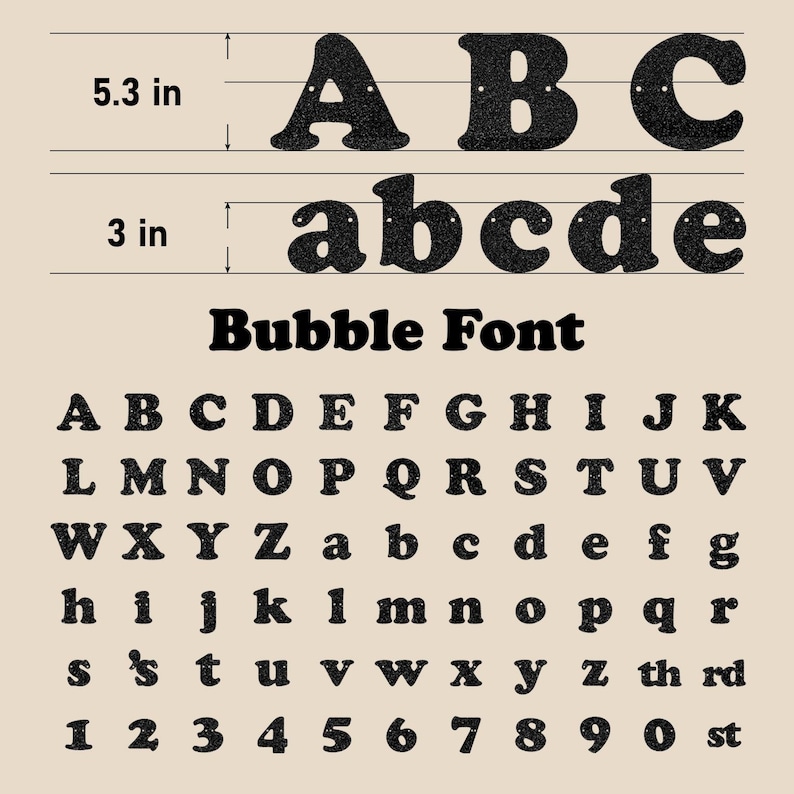 May include: A set of black glittery bubble font letters and numbers. The uppercase letters measure 5.3 inches in height, while the lowercase letters measure 3 inches in height. The display shows the full alphabet, numbers 0-9, and suffixes.