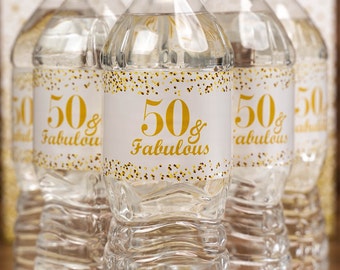 50 and Fabulous | 50th Birthday Water Bottle Labels | (SET of 25) | Glossy Waterproof Labels Birthday Party Decorations | Number 50