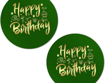 Happy Birthday Stickers (SET OF 40)  2 Inch Big Round Glossy Labels  (Green)
